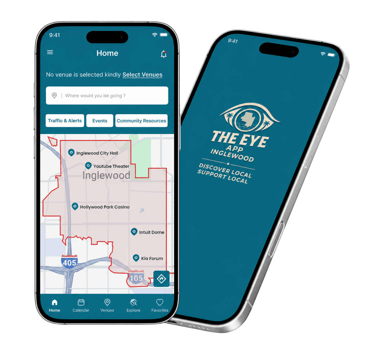 The Eye App Inglewood on iPhone showing map and home screen
