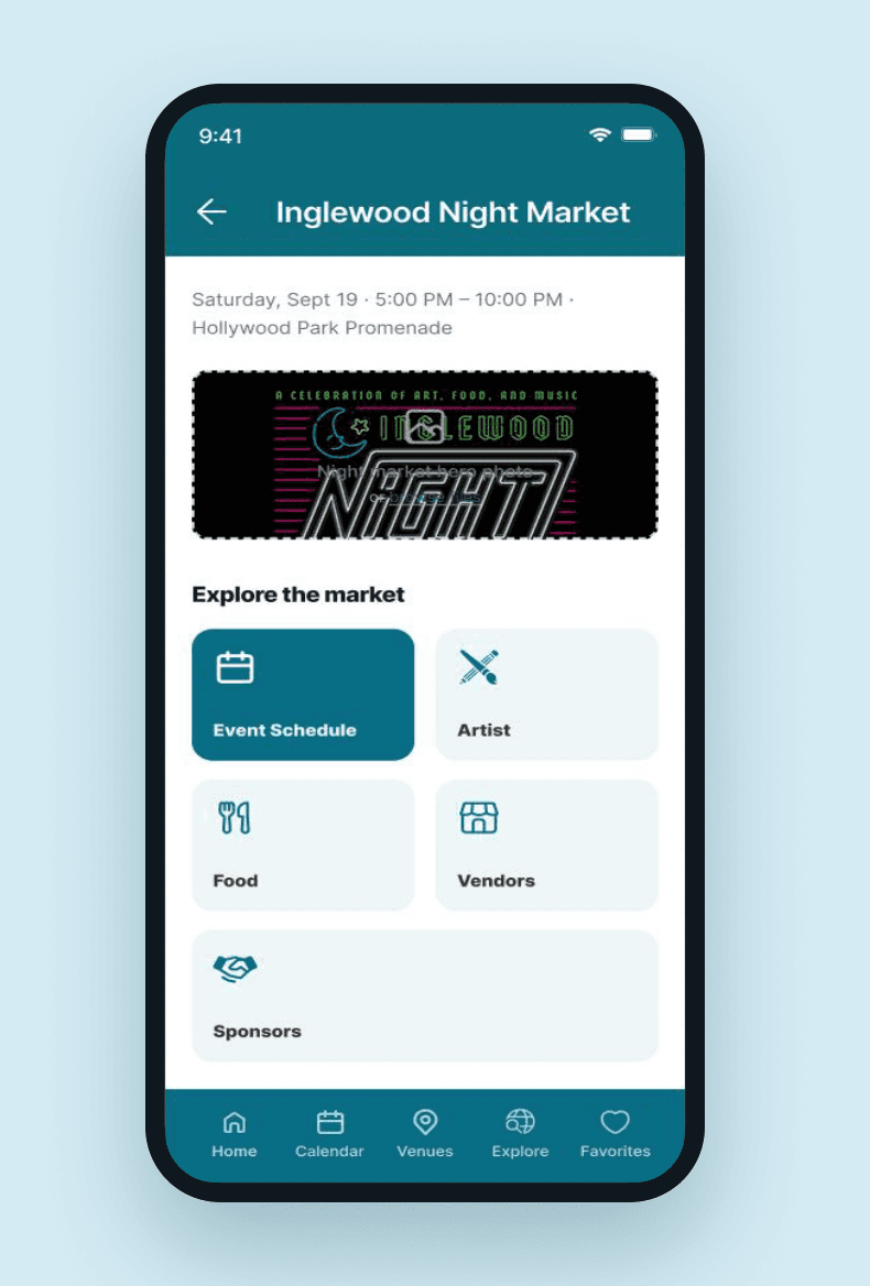 The Eye App showing the Inglewood Night Market Pulse screen